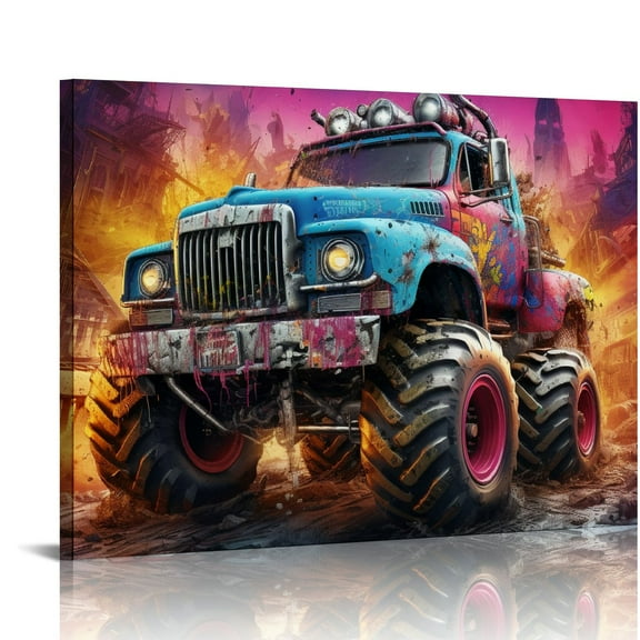 Nawypu Monster Truck Room Decor Monster Stadium Wall Art Black and White Game Car Canvas Print for Boys Bedroom Cool Sport Car Poster Pictures Supercar Painting Artwork Game Room Home