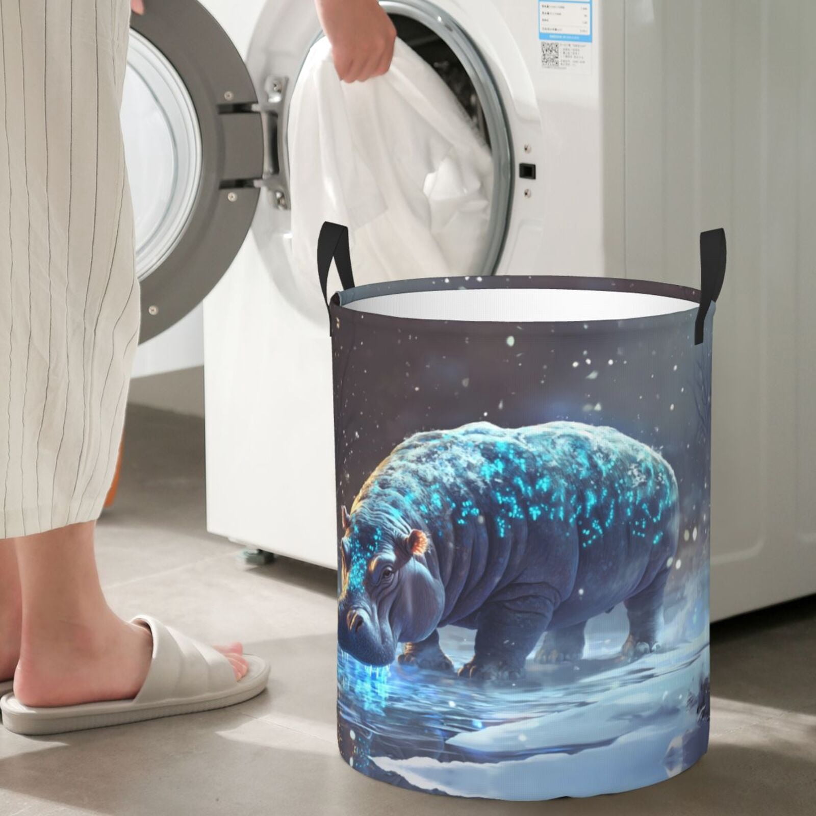 Large Laundry Basket with Handles - Ice blue polka dot snow hippo Kids Baby Dirty Clothes Laundry Hamper for Bedroom Aesthetic