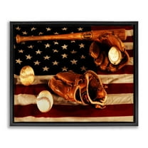 Stupell Industries Vintage American Flag Baseball Sports Rustic Photo Jet Black Framed Floating Canvas Wall Art, 16x20, by Daniel Sproul