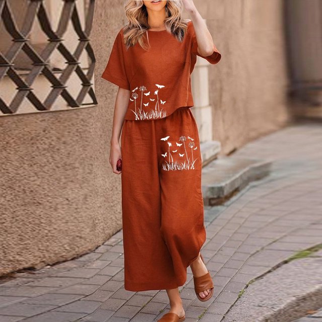 ICHUANYI Liquidación Señoras Verano Moda Casual Suelto Cuello Redondo Manga Corta Impresión Ancha Traje De Lino ICHUANYI WER202308254485