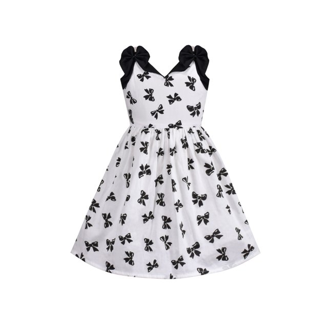 Robe Fille Noire Blanche Nœud Papillon Sans Manches Robe d'Été Coton Papillon 6 Ans