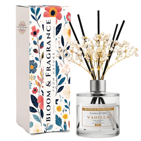 Vanilla Reed Diffuser 50ml Set | Free 4 Fiber Reed Sticks | Stress Relief & Aromatherapy | Long-Lasting, Smoke-Free Air Freshener for Home, Bedroom and Office | Ideal for Gifting