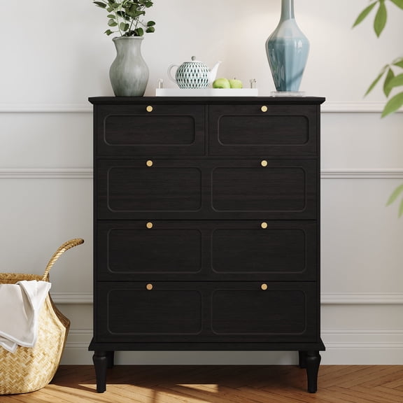 CBJCBJ 31.5" 5 Drawers Dressers, Large Floor Mid-Century Chest of Drawers for Bedroom, Hallway, Black