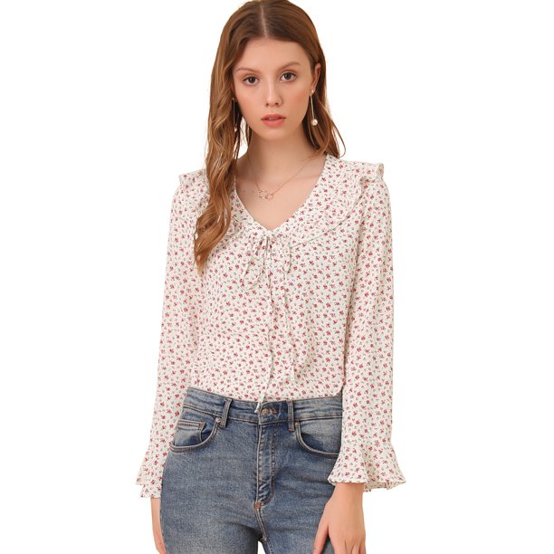 Allegra K Blusa de gasa con cuello en V y volantes florales con manga acampanada 3/4 para mujer Albaricoque XS