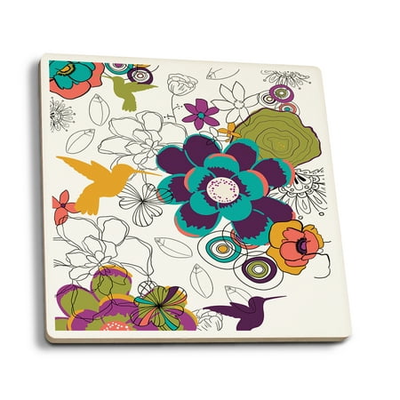 - Hummingbirds & Flowers Pattern - Lantern Press Artwork (Set of 4 Ceramic Coasters - Cork-backed, Absorbent)