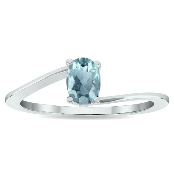 SZUL Women's Solitaire Aquamarine Wave Ring in 10K White Gold