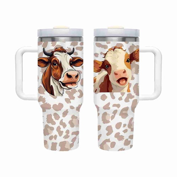 40 oz Cute Brown and White Cow Face Tumbler with Handle and Straw, Insulated Stainless Steel Travel Cup for Animal Lover Gifts