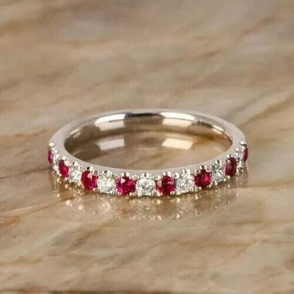 14k White Gold Plated Wedding Half Eternity Band Ring Round Cut Ruby & Diamond
