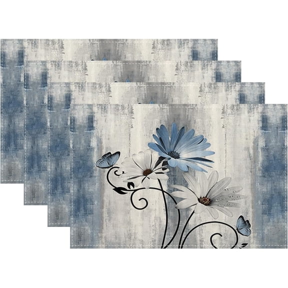 Floral Place mats Set of 4, 12x18 Inches Rustic Blue Daisy Flower Decorative Placemats Rectangle Summer Floral Table Mats for Party Home Kitchen Dining Table Decor