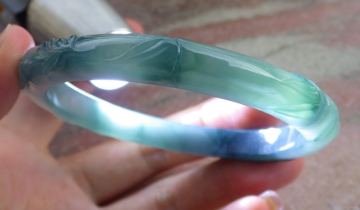 Icy Lavender Green Natural A JADE Jadeite Bat Ruyi Bamboo Bangle Bracelet 58 mm 683932 T