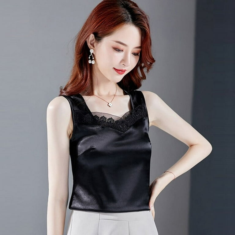 PIKADINGNIS Silk Black Tank Tops Women Summer Sleeveless Korean Deep V Neck  Women's Satin Top Streetwear Female Lace Tank Top