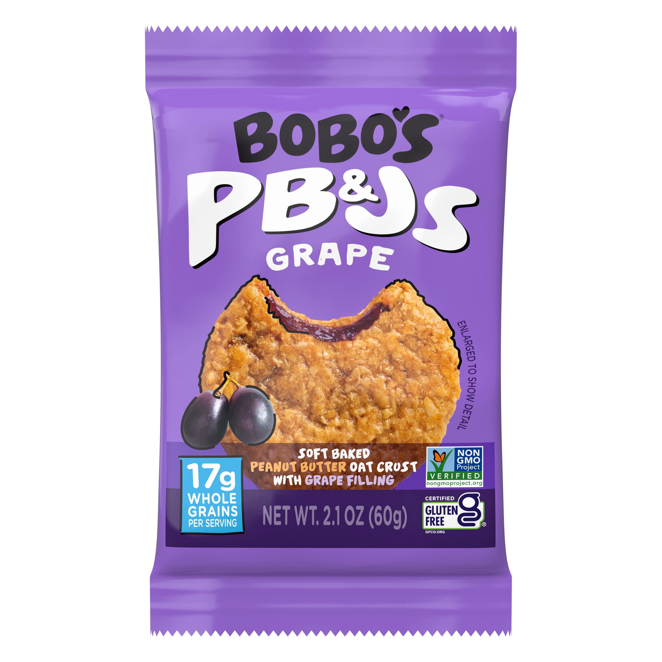 (6 pack) Bobo's PB&Js, Peanut Butter Oat Crust With Grape Filling, 5 Pack of 2.1oz oat snacks