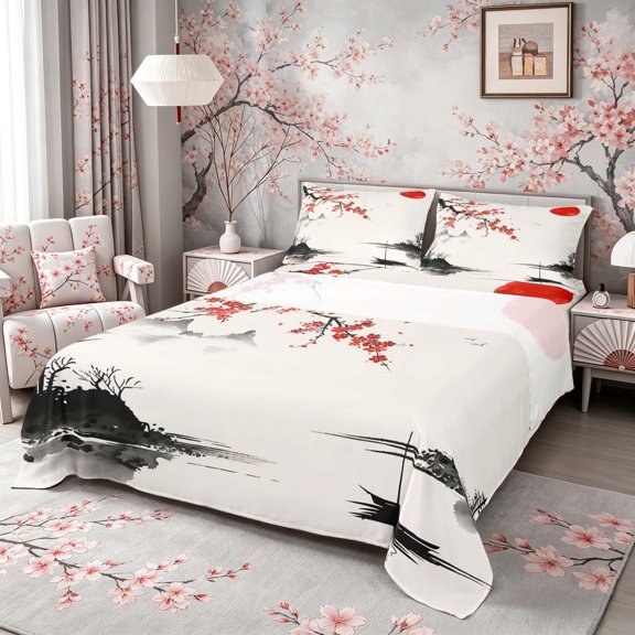 Manfei Ink Blossom Full Size Sheets for Home, Red Sun Lake Bed Sheets for Office, Black Red White 4pcs, 1 Flat Sheet, 1 Fitted Sheet and 2 Pillowcases