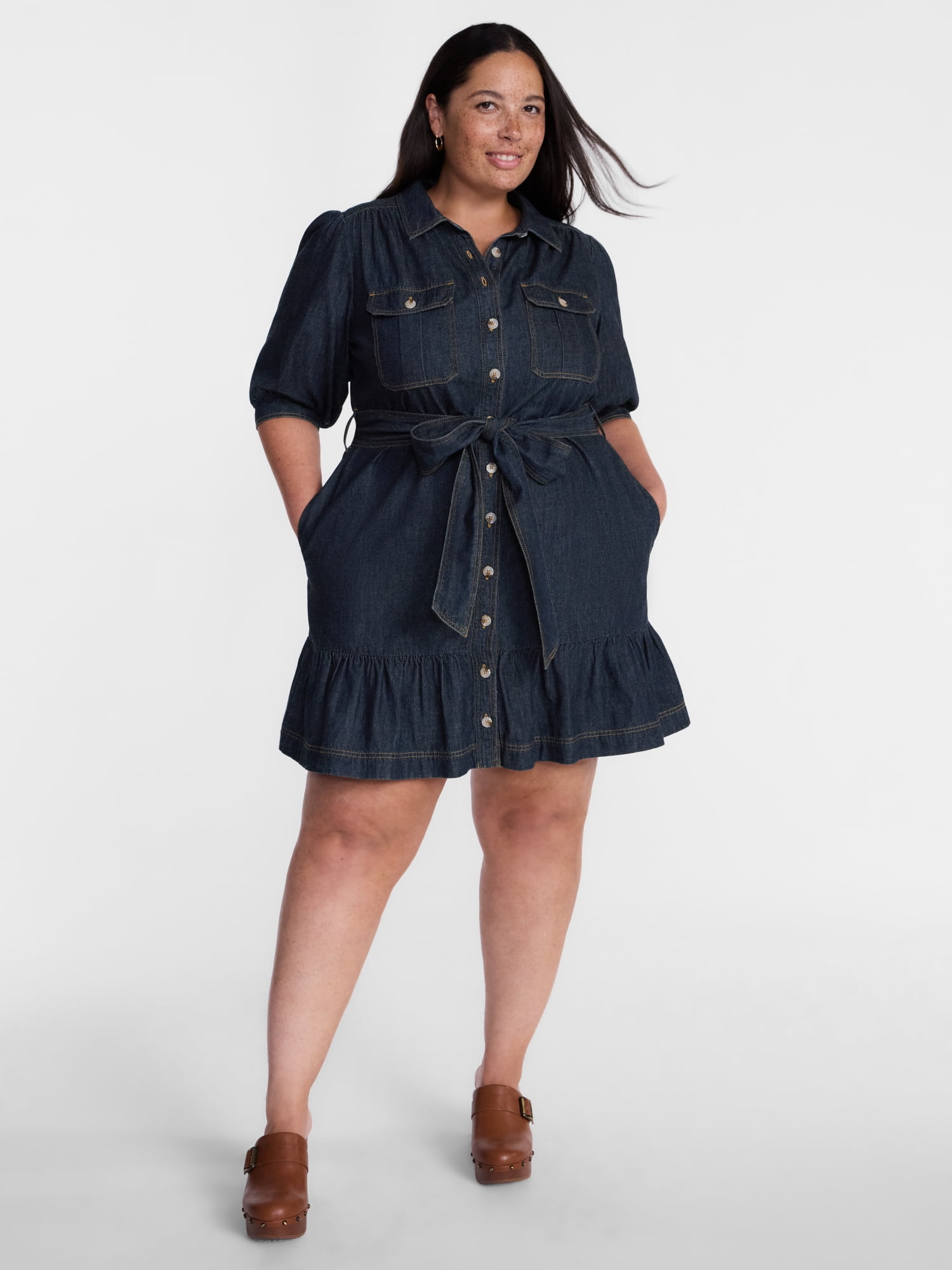 Terra & Sky Denim Belted Mini Shirtdress with Short Puff Sleeves, Sizes 0X-4X