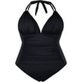 thumbnail image 4 of Women‘s Summer Swimsuit Jumpsuit  Solid Color V-Neck Ruched Triangle Bikini Slim Fit Beachwear, 4 of 7