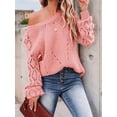 thumbnail image 6 of Women Fall Sweaters Crochet Long Sleeve Off the Shoulder Clothes Cute Crewneck Knit Pullover Tops Pink M, 6 of 8