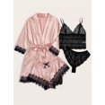 thumbnail image 3 of Ensemble de Lingerie en Dentelle Florale Aguichant Classique 4 Pcs avec Robe Ceinturée en Satin, 3 of 4