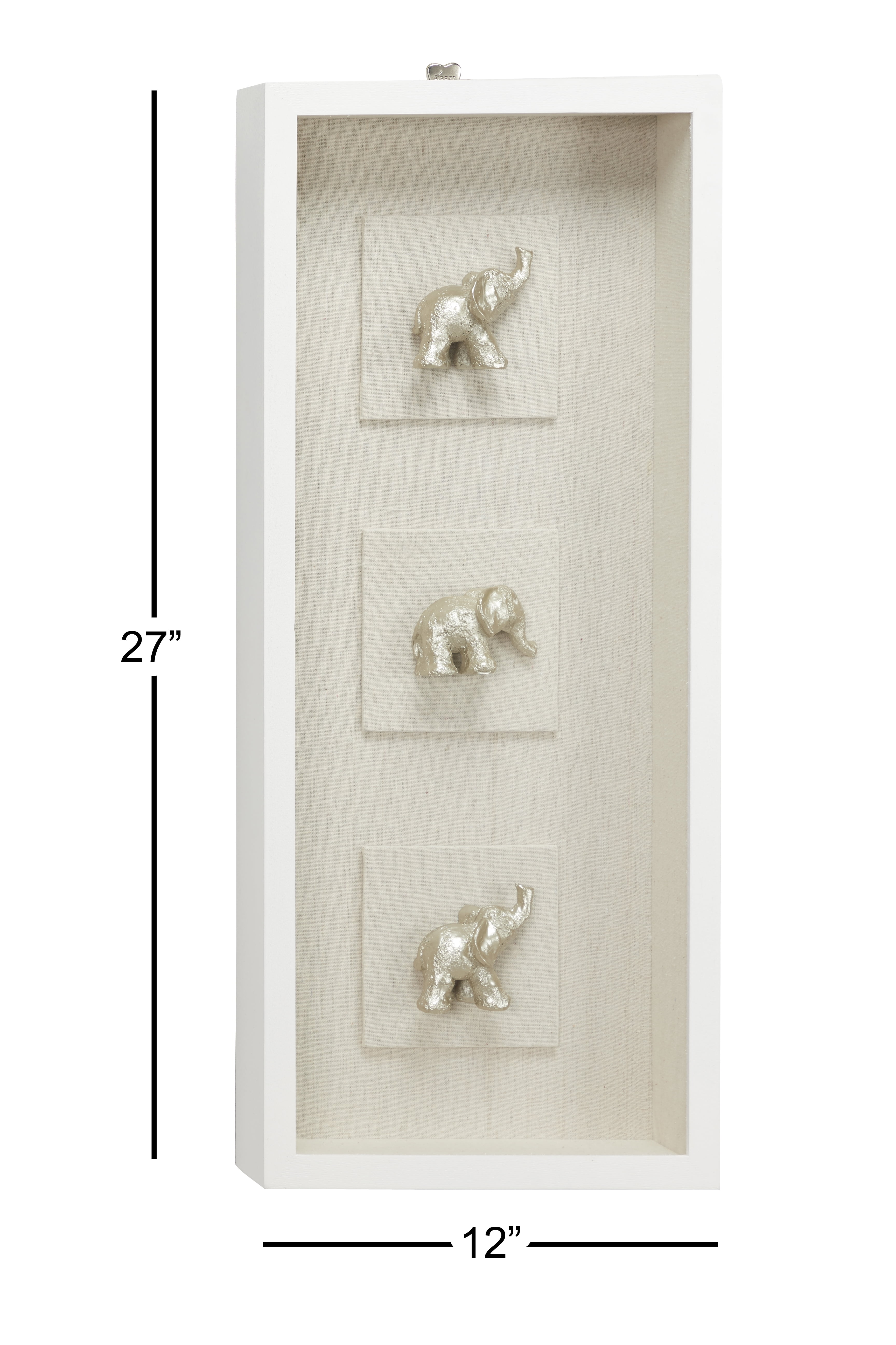 DecMode Large Rectangular Metallic Silver Elephant Animal Wall Art Shadow Box, 12” x 27.5”