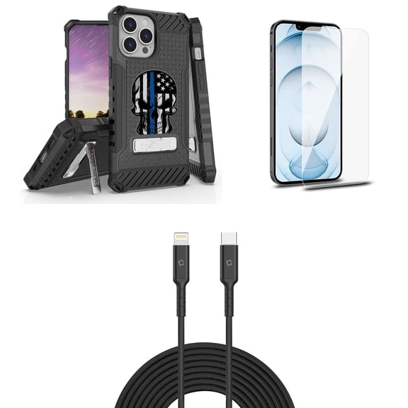 Bemz iPhone 13 Pro Max Bundle: Tri Shield Shockproof Armor Rugged Case (Thin Blue Line Skull), Premium Glass Screen Protectors (2-Pack), USB-C to Lightning Cable (3.3ft/1m)