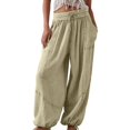 thumbnail image 3 of Womens Casual Loose Fit Wide Leg Cotton Pants Drawstring Stitching Baggy Pants Trousers with Pockets Khaki S, 3 of 9