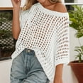 thumbnail image 2 of Crochet Coverups for Women Summer Cap Sleeve Hollow Out Casual Cruise Beach Vacation Tops Knit Pullover Sweater White M, 2 of 7