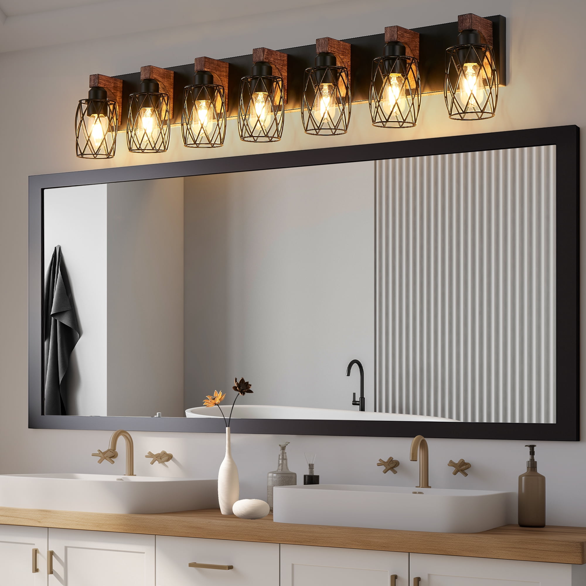 Farmhouse Bathroom Bathroom Vanity Light , 7 Light with Metal and Glass Lampshade, Wood Rustic Lighting Fixtures Over Mirror（44.3inch）