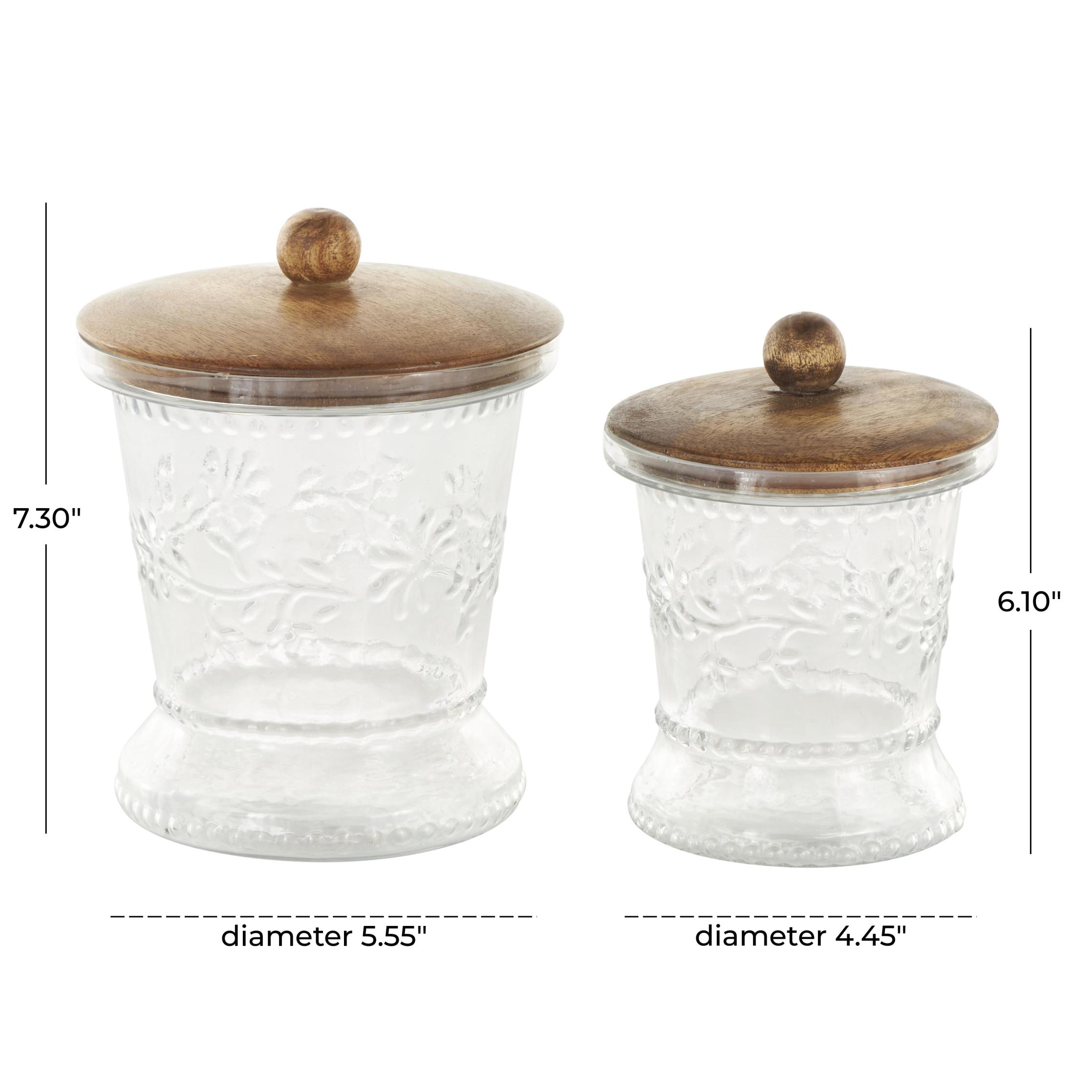 DecMode 7", 6"H Clear Glass Floral Beaded Decorative Jars with Brown Wooden Lids and Round Knobs, 2-Pieces