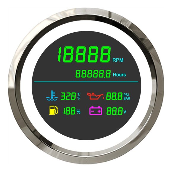 6 en 1 85mm LCD Tachymètre Multifonction Jauge de Carburant Température de l'Eau Pression d'Huile Voltmètre Heure Compteur pour Bateau Voiture