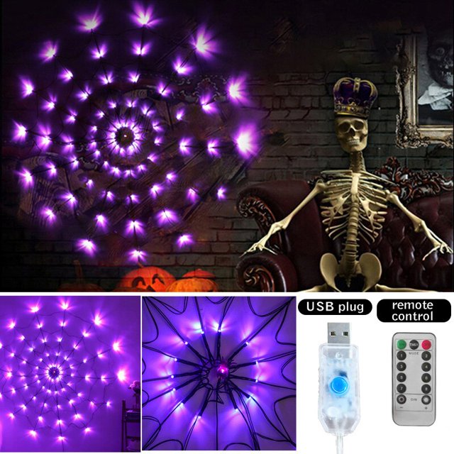 Cadena de luces LED de telaraña para Halloween, accesorios de decoración de Halloween, lámparas de ambiente para fiesta, decoración del hogar, 80 luces moradas