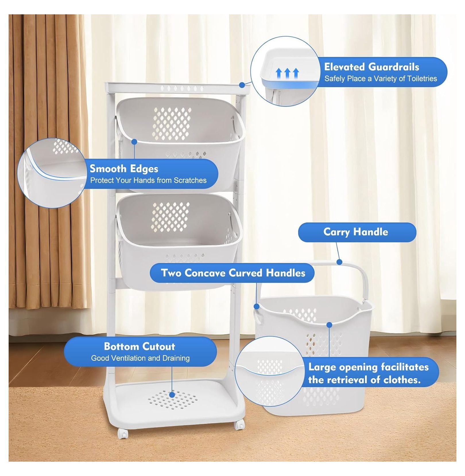 3 Tier Laundry Hamper, Rolling Laundry Sorter Basket 43.3'', Clothes Storage Organizer for Bathroom, Bedroom, 17.3x24x43.3 inches, PP Material