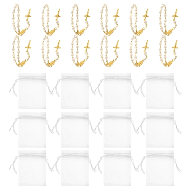12 juegos de mini pulseras de rosario con cruz de perla - Pulsera de cruz católica con oración religiosa para bautismo, primera comunión y boda