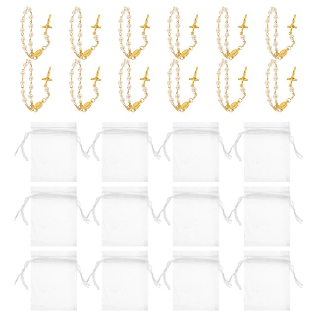 KAKOWELY 12 juegos de mini pulseras de rosario con cruz de perla - Pulsera de cruz católica con oración religiosa para bautismo, primera comunión y boda