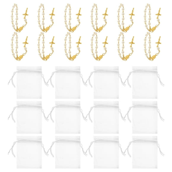 KAKOWELY 12 juegos de mini pulseras de rosario con cruz de perla - Pulsera de cruz católica con oración religiosa para bautismo, primera comunión y boda
