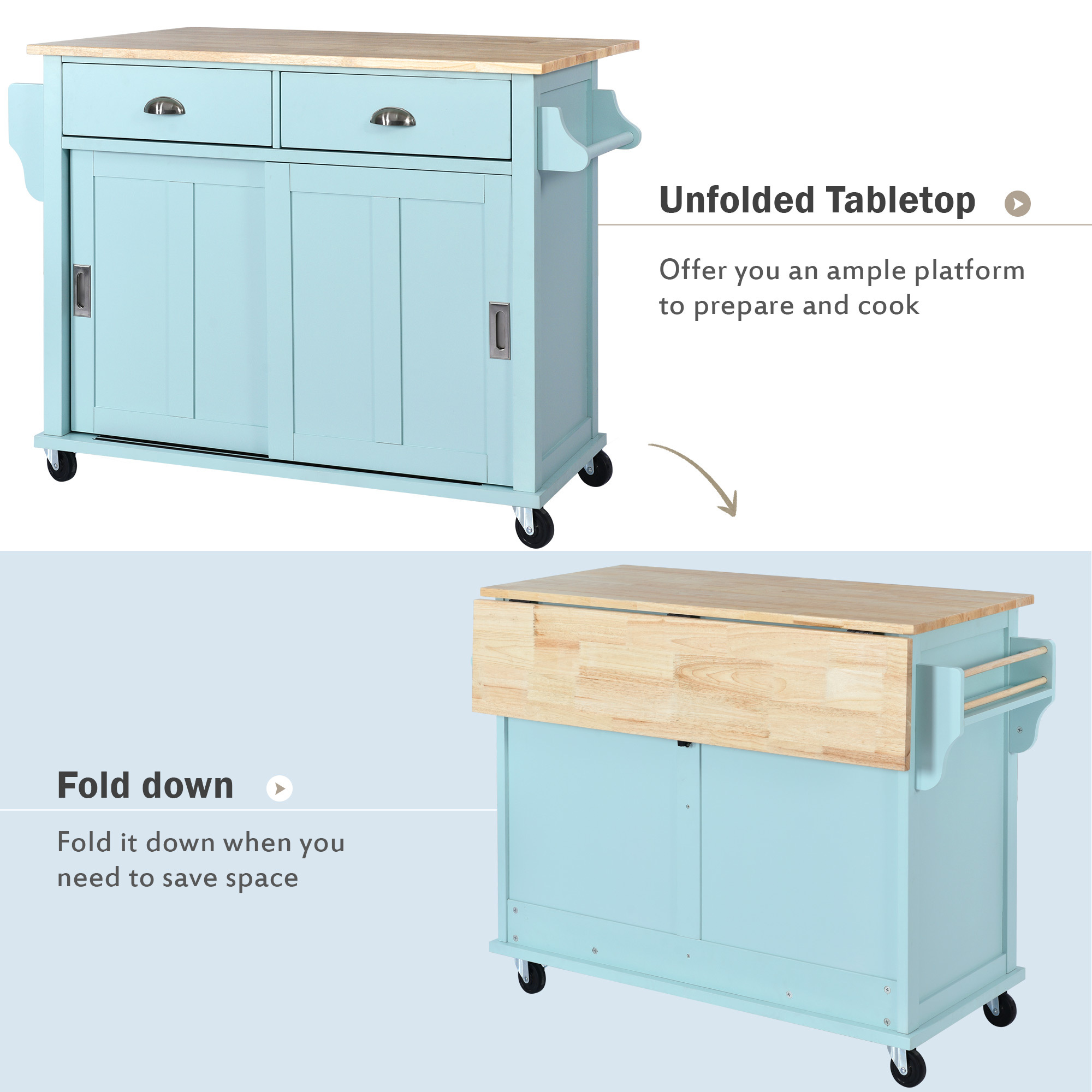 DEALTOPS 52.2 inch Kitchen Cart with Rubber Wood Drop-Leaf Countertop, Concealed Sliding Barn Door Adjustable Height, Kitchen Island on 4 Wheels with Storage Cabinet and 2 Drawers-Green