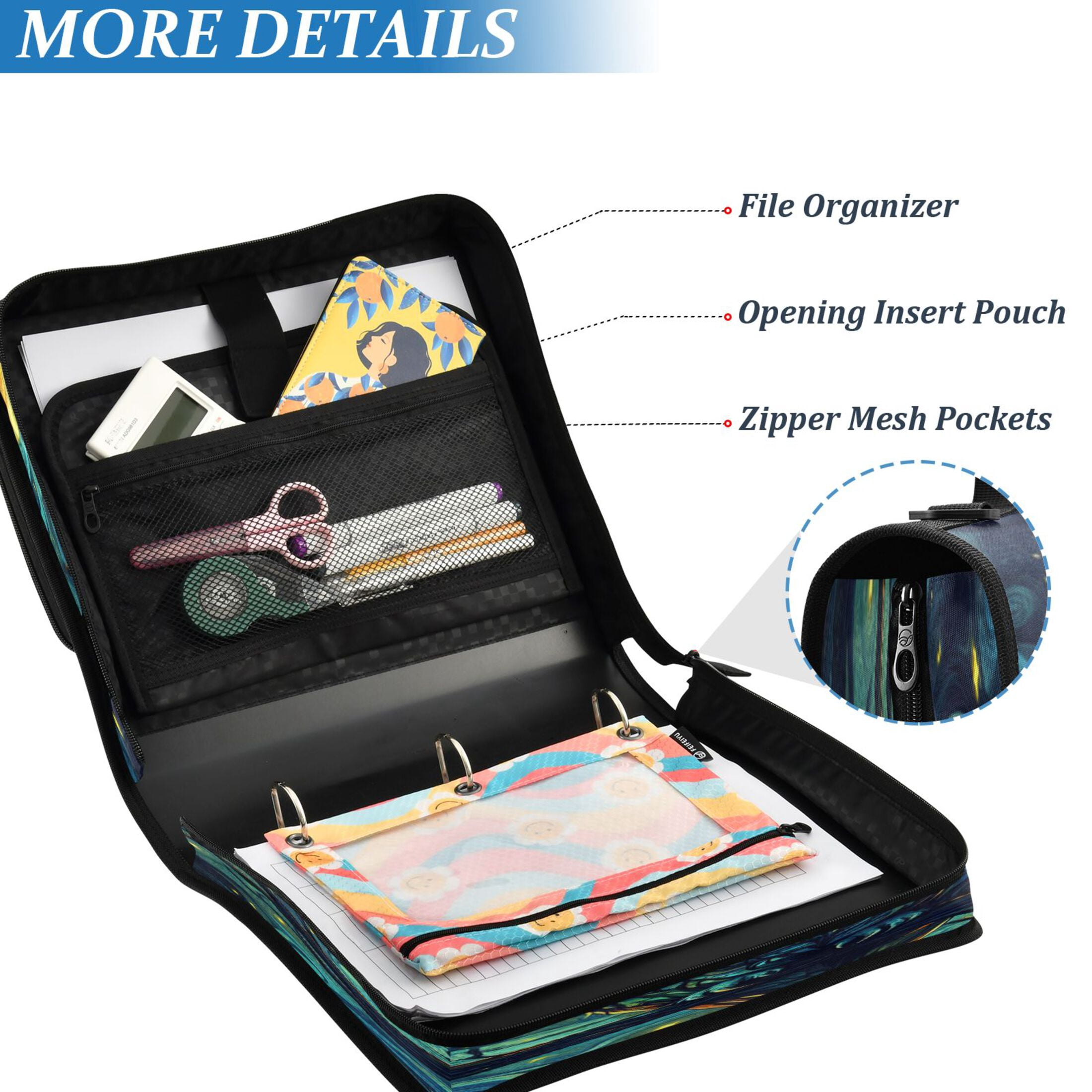 YAZAOO Zipper Binder trapper keeper Documents Organized Design Moonlit Guardian Printed