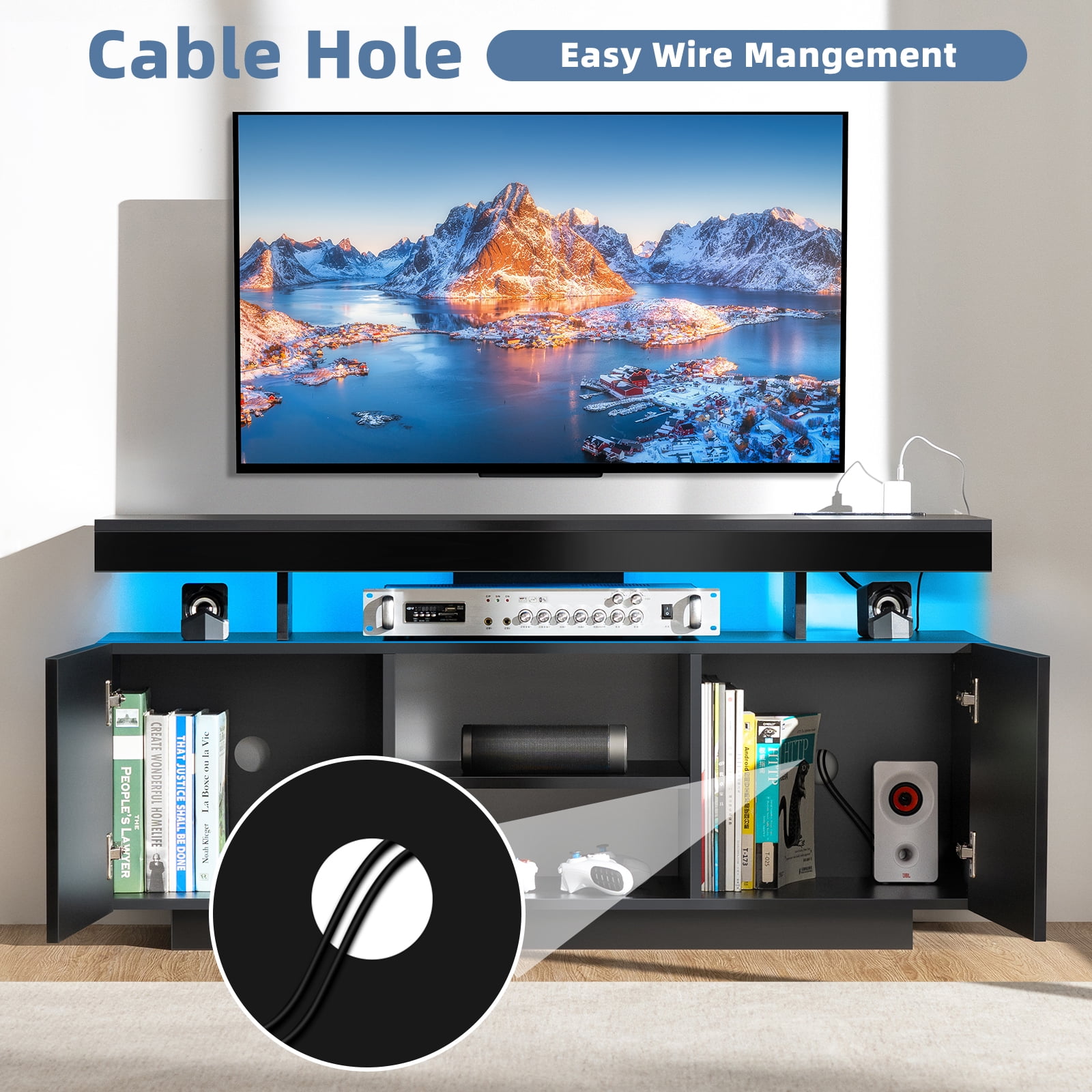 Hommpa TV Stand for TVs up to 55" with LED Lights & Power Outlets Modern Gaming Entertainment Center High Gloss Media Console TV Cabinet Black