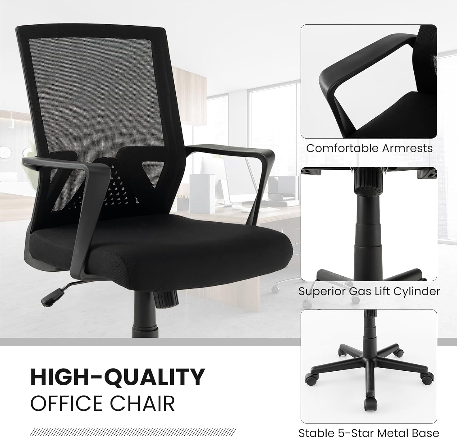 MOONMISS Office Desk Chair with Lumbar Support, Ergonomic Mesh Office Chair with Wheels and Armrests, Mid Back Rolling Swivel Adjustable Task Chair, Executive Computer Chair for Home Office, Black