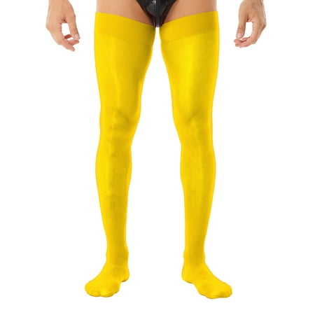 YiZYiF Mens Glossy Thigh High Stockings Sheer Pantyhose Shiny Stretchy Tights Lingerie Yellow OneSize