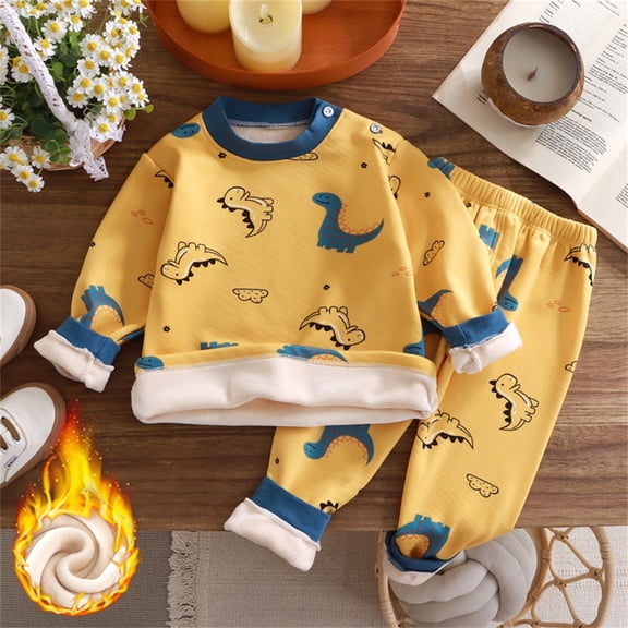 ITSAME Boys Outfit 2-Piece Long Sleeve Crewneck Fleece-Lined Top and Pants Kids Warm Comfy Set Yellow Size 9-12M