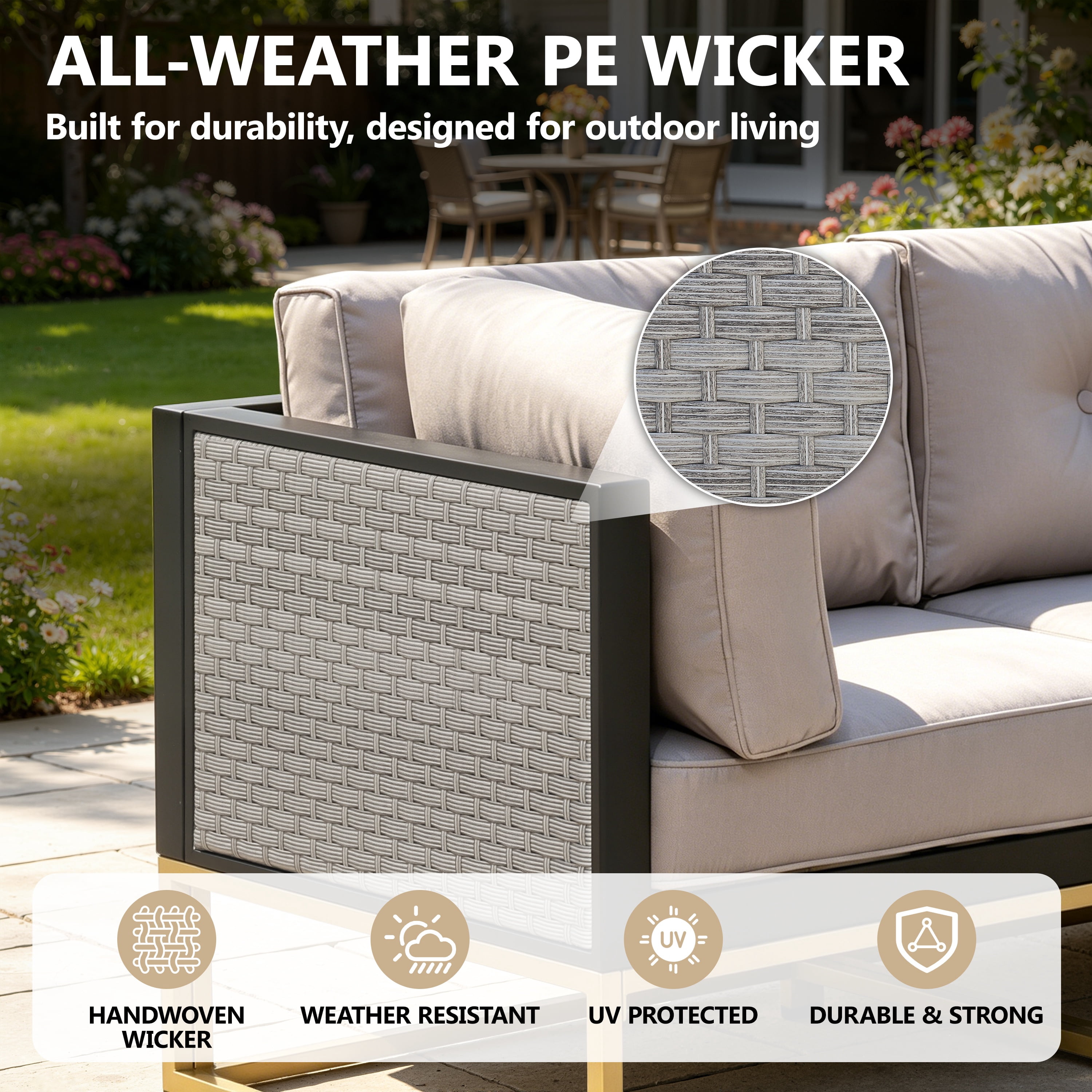 Patio Outdoor Furniture Sets, 7 Pieces All-Weather Rattan Sectional Sofa with Tea Table and Cushions, PE Rattan Wicker Sofa Couch Conversation Set for Garden Backyard Poolside