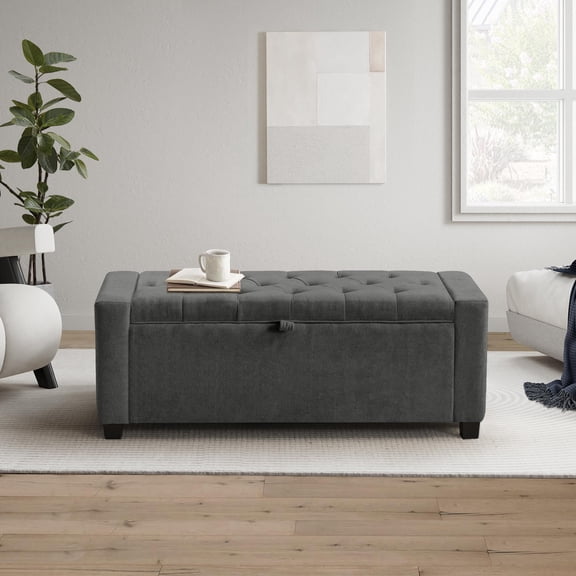 Tufted Linen Dark Gray Storage Ottoman Bench, Upholstered Flip-Top