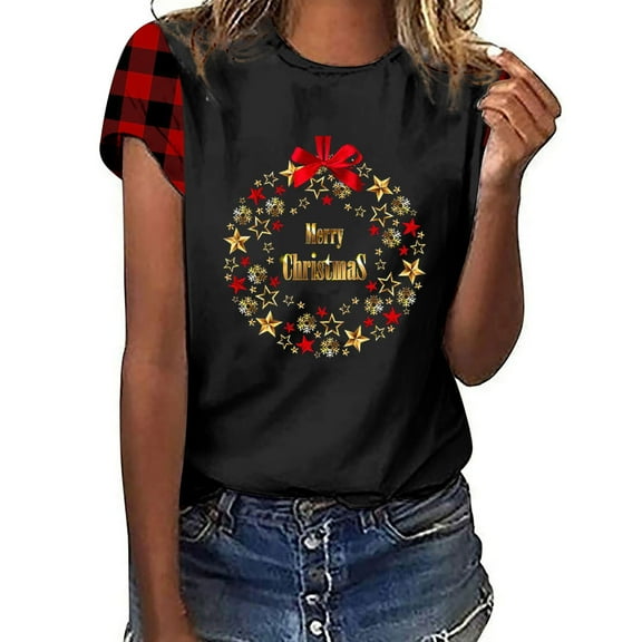 Lolmot Womens Christmas Tops Xmas Buffalo Plaid Christmas Tree Graphic Print Shirts Tops Short Sleeve Crew Neck Casual T-Shirt