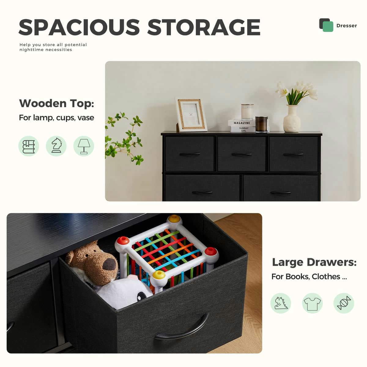 GVN Dresser, Chest of Drawers,Tall 7 Drawers Dresser Fabric Storage Tower, Wooden Top for Kid Room, Closet, Entryway, Nursery, Black