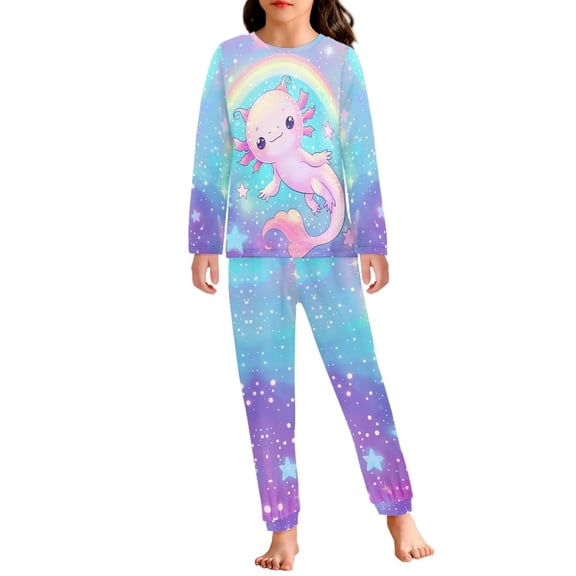 DISNIMO Axolotl Rainbow Pajamas for Kids Girls 3-4 Pajama Girl 2 Piece Pajama Set for Boys Kids Pjs Long Sleeve and Pants Animal Print for Kids Crewneck Nightwear with Pocket