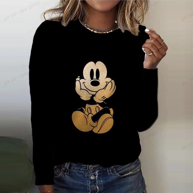 2023 Women's O-neck New T-shirt Disney Mickey Mouse Print Top Spring Autumn Long-sleeved Casual Loose Vintage Women's T-shirt4XL Gao Jinjia LED