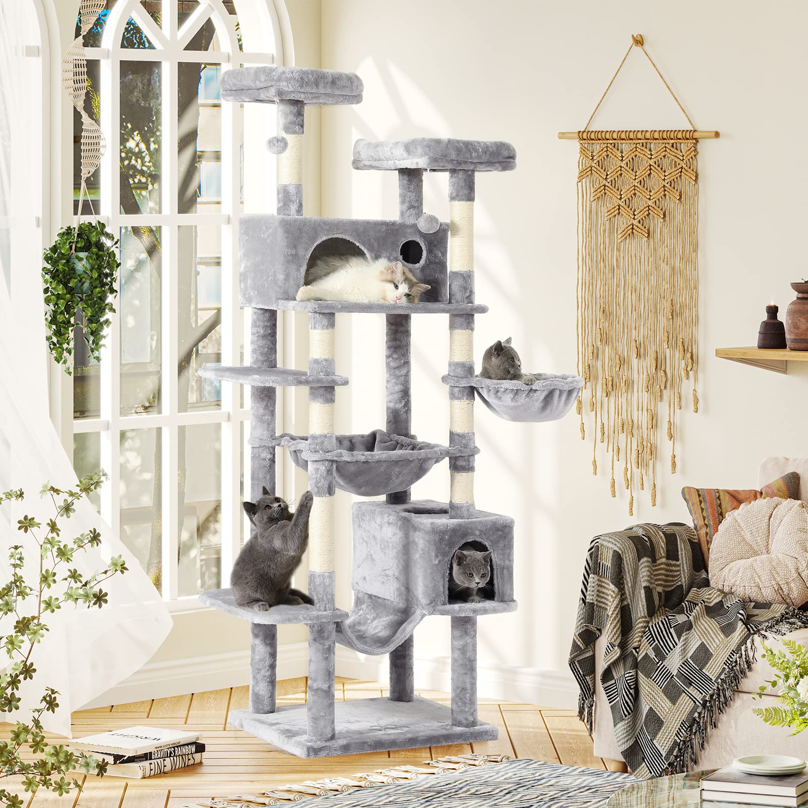 76" Cat Tree Tall Cat Tower With 2 Big Cat Condo 3 Hammocks 2 Perches