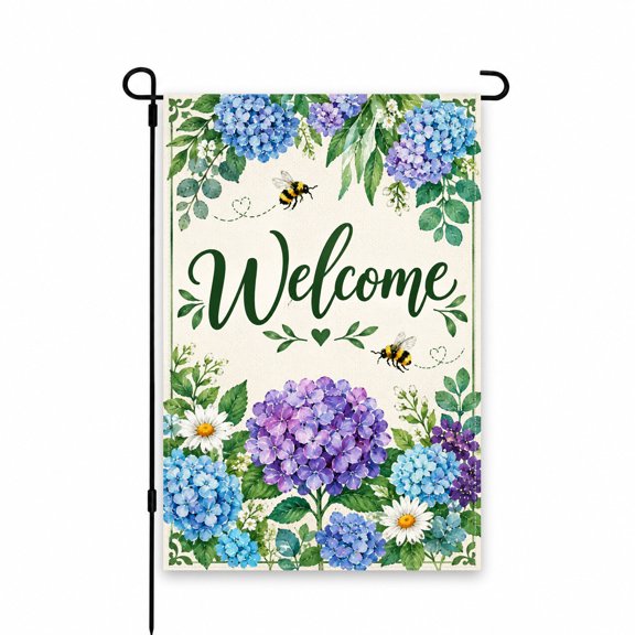 Welcome Garden Flag Yard Decor 12x18 Inch – Floral Design with Hydrangeas, Daisies & Bumblebees for Patio, Lawn, Porch – Outdoor Display Decoration