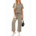 thumbnail image 3 of Women'S Leisure Travel Vacation Wear Two-Piece Suit Short Sleeve Wide Leg Pants Casual Suit Khaki M, 3 of 6