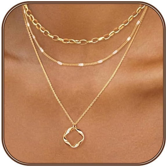 CROPD Gold Layered Necklaces for Women 14k Gold Plated Dainty Stackable Choker Necklaces for Women Trendy Layering Circle Paperclip Chain Cute Pendant Necklace Set Gold Jewelry for Women
