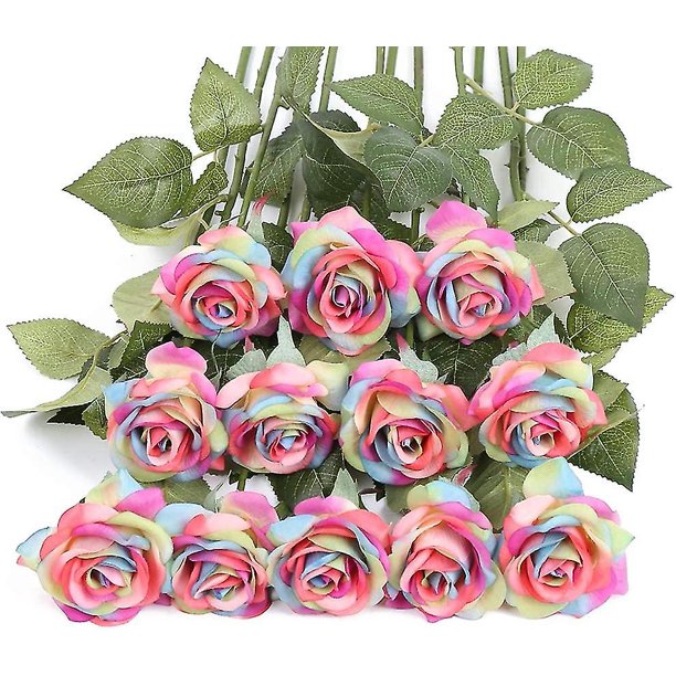 12 pack de flores artificiales del arco iris, rosas del arco iris falsas, rosas del arco iris, rosas de tacto real, flores de seda para decoración floral de la boda kaili Sencillez